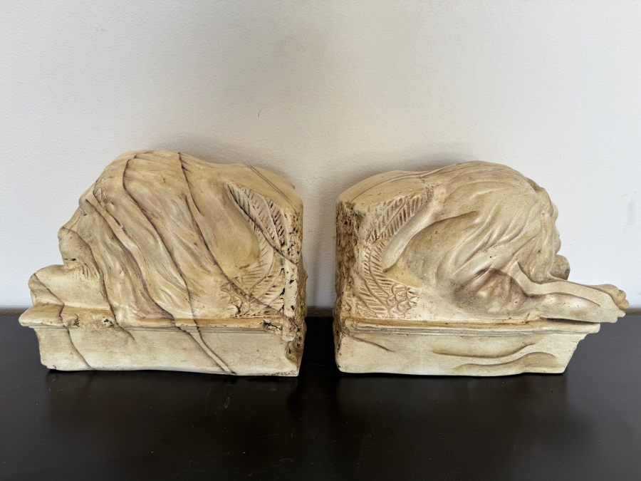 Pair Of Vintage Cast Plaster Recumbent Lion Statues Inspired By Antonio Canova On Rectangular Bases Made In Mexico 14'W X 8'D X 10'H [Photo 2]