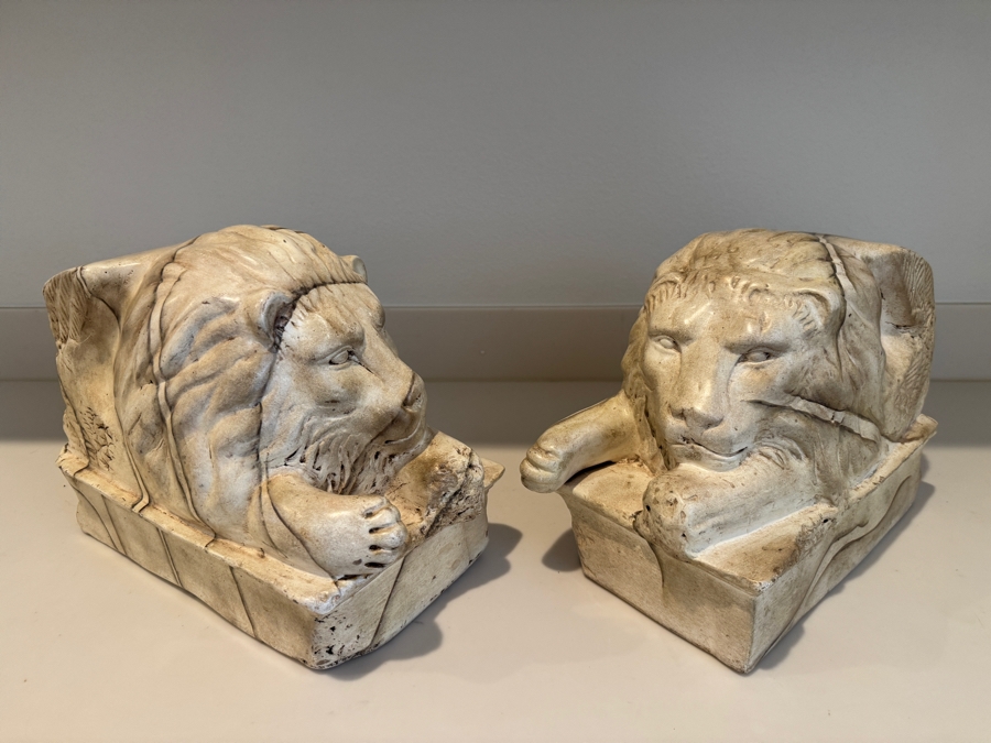 Pair Of Vintage Cast Plaster Recumbent Lion Statues Inspired By Antonio Canova On Rectangular Bases Made In Mexico 14'W X 8'D X 10'H [Photo 6]