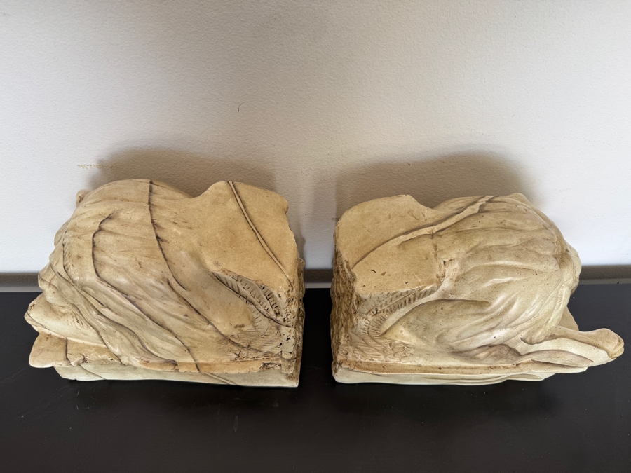 Pair Of Vintage Cast Plaster Recumbent Lion Statues Inspired By Antonio Canova On Rectangular Bases Made In Mexico 14'W X 8'D X 10'H [Photo 3]