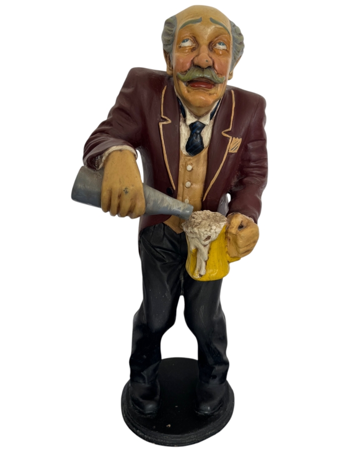 Vintage Hand-Painted Waiter Resin Statue Pouring Beer Into A Frothy Mug 26'H