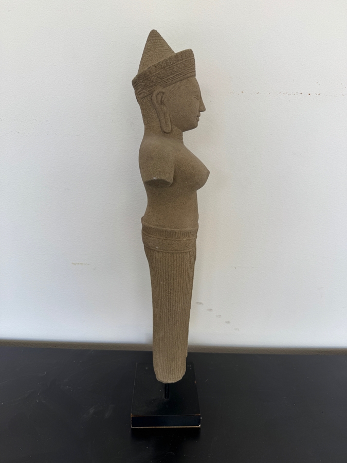Large Vintage Khmer Style Sandstone Female Deity Torso Figure On A Black Museum Stand 27'H [Photo 3]