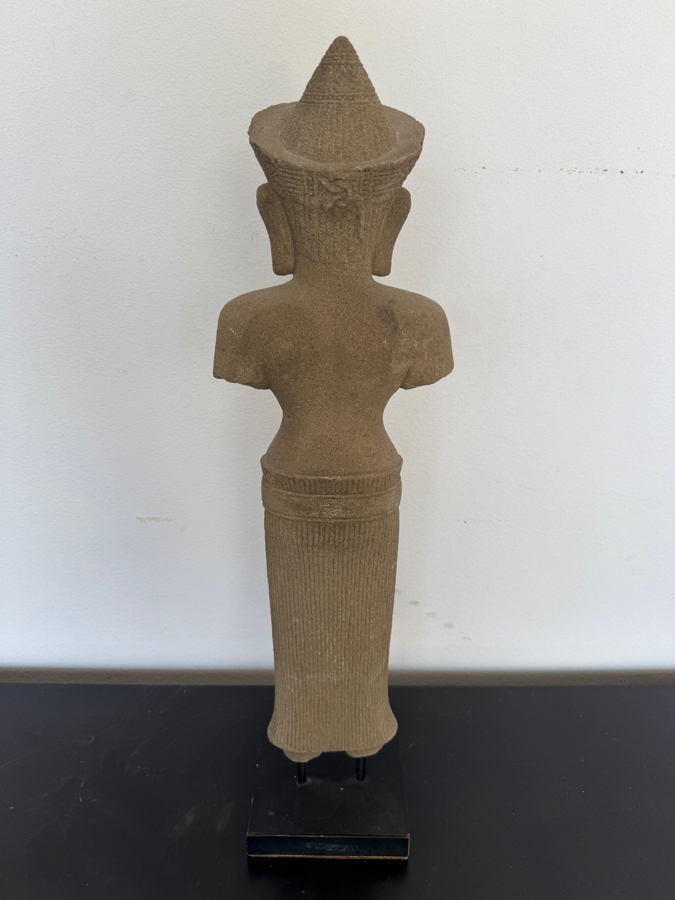 Large Vintage Khmer Style Sandstone Female Deity Torso Figure On A Black Museum Stand 27'H [Photo 4]