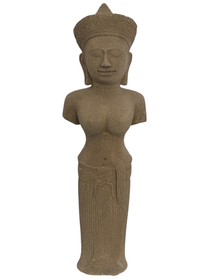 Large Vintage Khmer Style Sandstone Female Deity Torso Figure On A Black Museum Stand 27'H