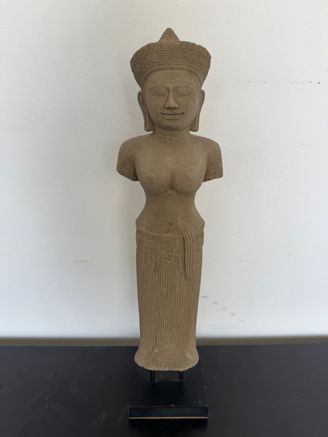 Large Vintage Khmer Style Sandstone Female Deity Torso Figure On A Black Museum Stand 27'H [Photo 2]