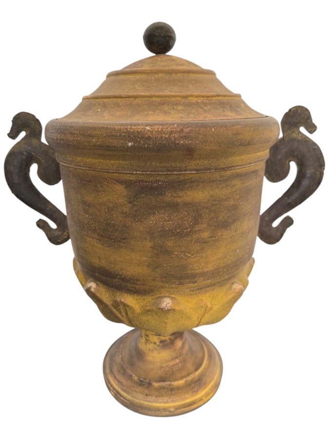 Decorative Lidded Urn With Figural Seahorse Handles And Hand-Applied Aged Patina Finish 19'H