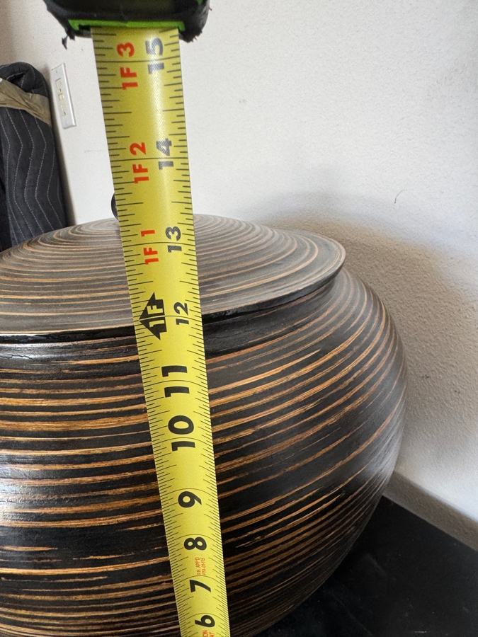Vintage Vietnamese Coiled Bamboo Lidded Ginger Jar With Black And Brown Lacquer Stripes 15'W X 13'H [Photo 7]