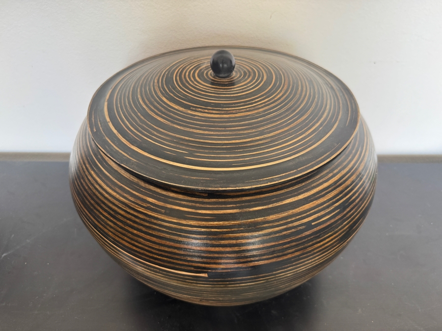 Vintage Vietnamese Coiled Bamboo Lidded Ginger Jar With Black And Brown Lacquer Stripes 15'W X 13'H [Photo 3]