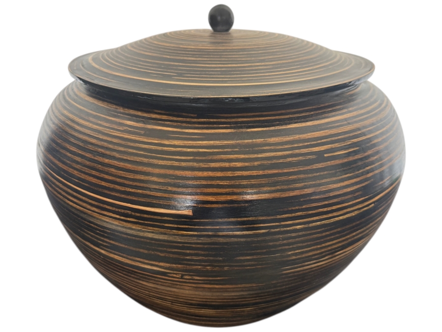 Vintage Vietnamese Coiled Bamboo Lidded Ginger Jar With Black And Brown Lacquer Stripes 15'W X 13'H