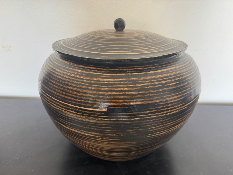 Vintage Vietnamese Coiled Bamboo Lidded Ginger Jar With Black And Brown Lacquer Stripes 15'W X 13'H [Photo 2]