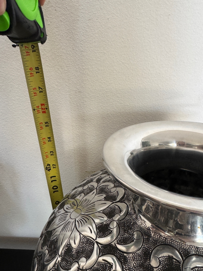 Vintage Large Hand-Hammered Silver Aluminum Repoussé Vase With High-Relief Floral Motif And Flared Rim 14'W X 14.5'H [Photo 5]