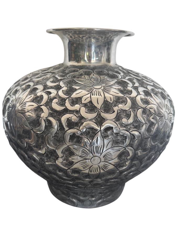 Vintage Large Hand-Hammered Silver Aluminum Repoussé Vase With High-Relief Floral Motif And Flared Rim 14'W X 14.5'H