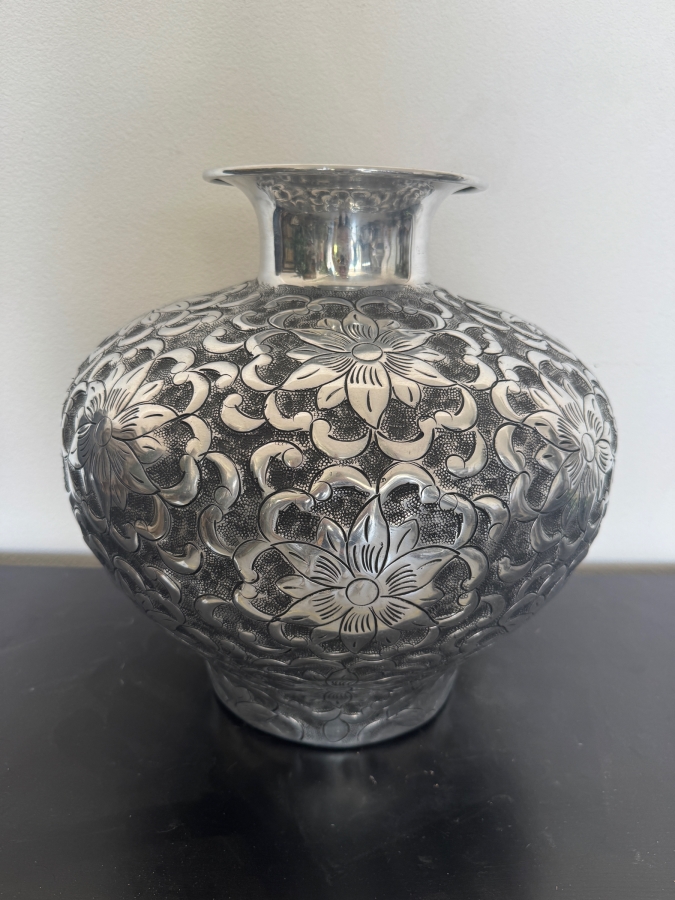 Vintage Large Hand-Hammered Silver Aluminum Repoussé Vase With High-Relief Floral Motif And Flared Rim 14'W X 14.5'H [Photo 2]