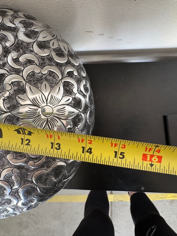 Vintage Large Hand-Hammered Silver Aluminum Repoussé Vase With High-Relief Floral Motif And Flared Rim 14'W X 14.5'H [Photo 4]