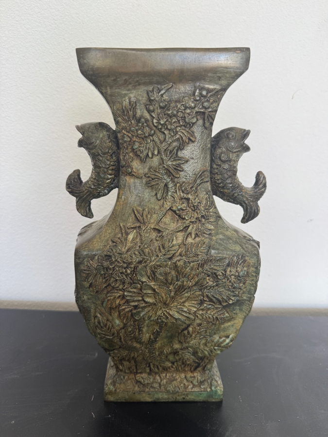 Archaic Style Chinese Bronze Ritual Fanghu Vase With Taotie Relief Decoration And Ring Handles 12'H [Photo 6]