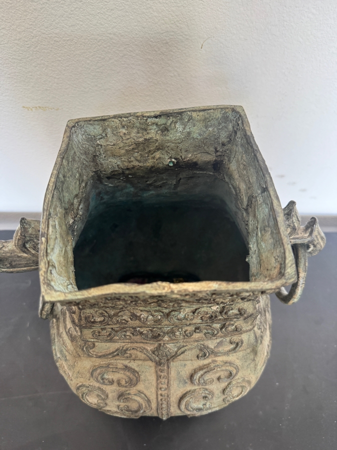 Archaic Style Chinese Bronze Ritual Fanghu Vase With Taotie Relief Decoration And Ring Handles 12'H [Photo 3]