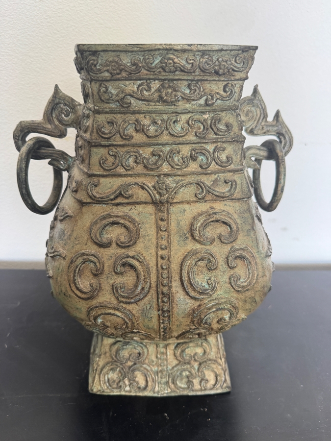 Archaic Style Chinese Bronze Ritual Fanghu Vase With Taotie Relief Decoration And Ring Handles 12'H [Photo 4]