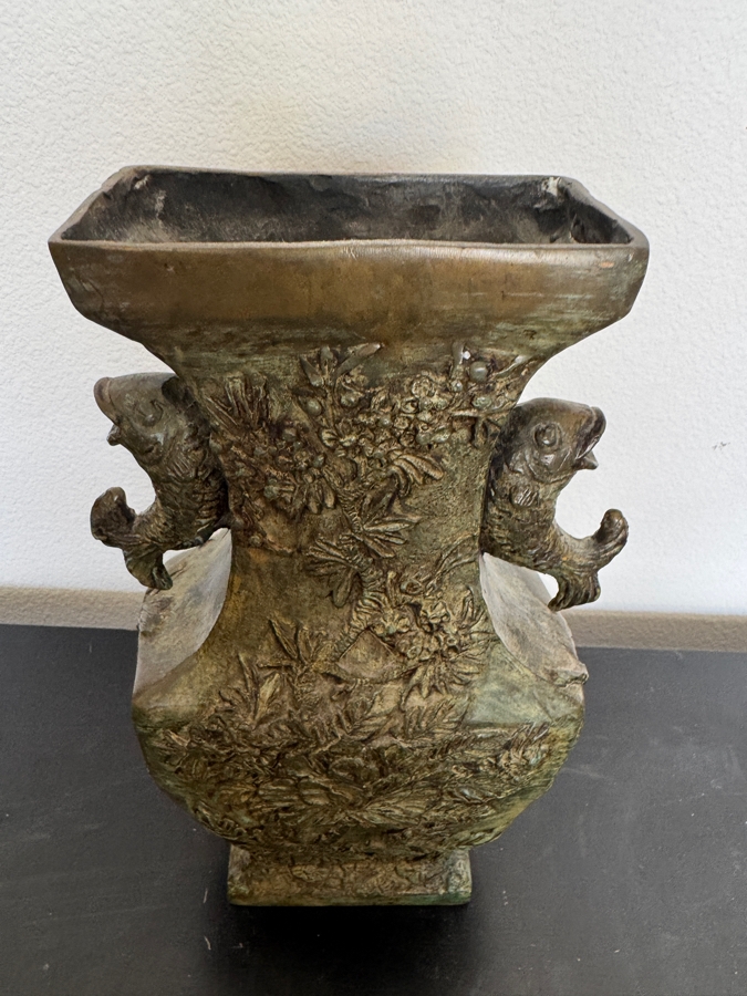 Archaic Style Chinese Bronze Ritual Fanghu Vase With Taotie Relief Decoration And Ring Handles 12'H [Photo 7]