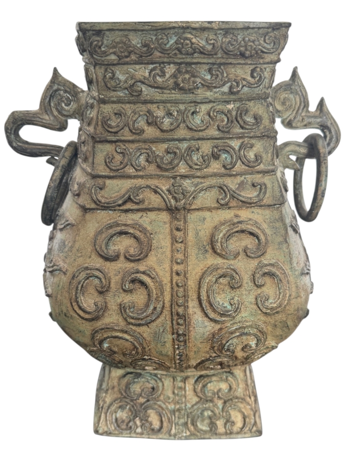 Archaic Style Chinese Bronze Ritual Fanghu Vase With Taotie Relief Decoration And Ring Handles 12'H