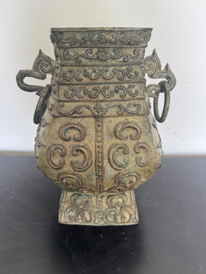 Archaic Style Chinese Bronze Ritual Fanghu Vase With Taotie Relief Decoration And Ring Handles 12'H [Photo 2]