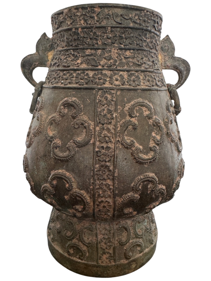 Archaic Style Chinese Bronze Ritual Hu Vase With Quatrefoil Medallion Relief Decoration And Animal Head Handles 10'H