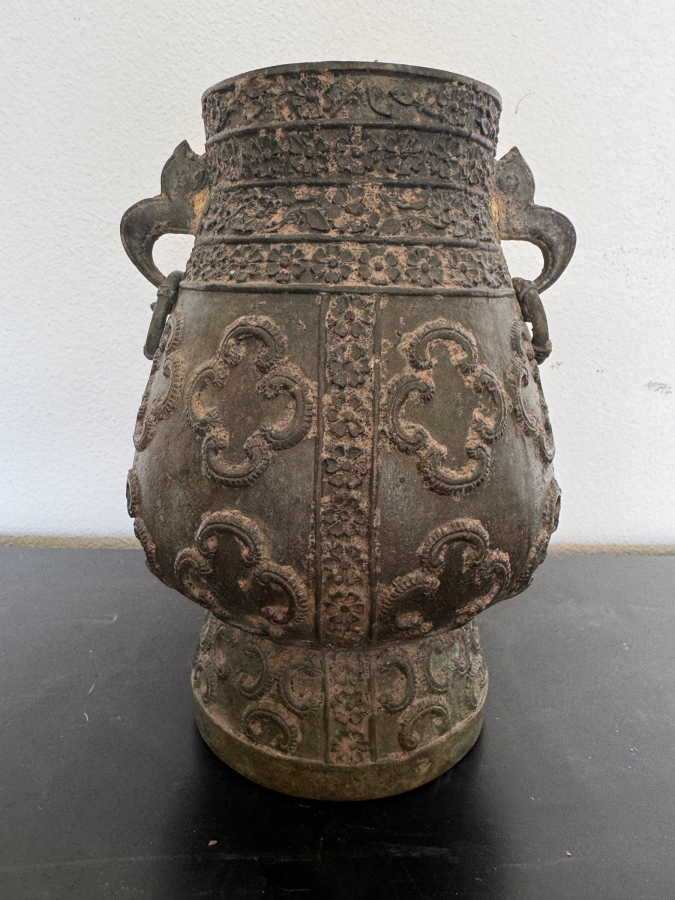 Archaic Style Chinese Bronze Ritual Hu Vase With Quatrefoil Medallion Relief Decoration And Animal Head Handles 10'H [Photo 2]