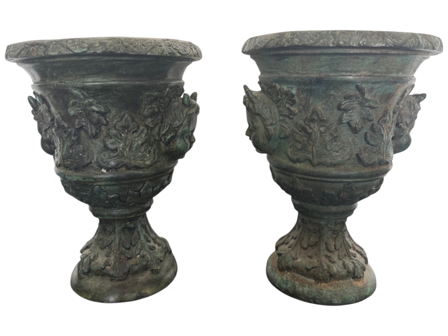 Pair Of Greco-Roman Style Bronze Ritual Urns With Horned Cherub Faces And Verdigris Patina 7'W X 9'H