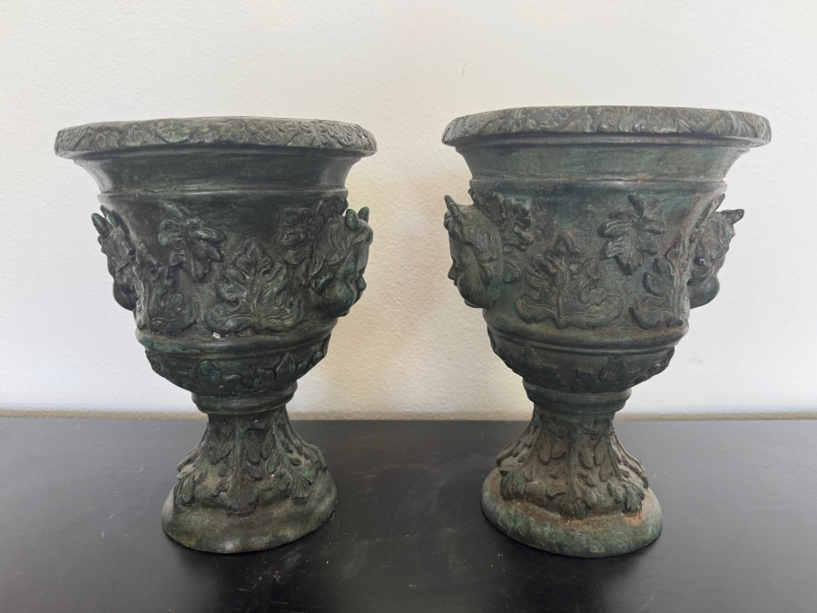 Pair Of Greco-Roman Style Bronze Ritual Urns With Horned Cherub Faces And Verdigris Patina 7'W X 9'H [Photo 2]