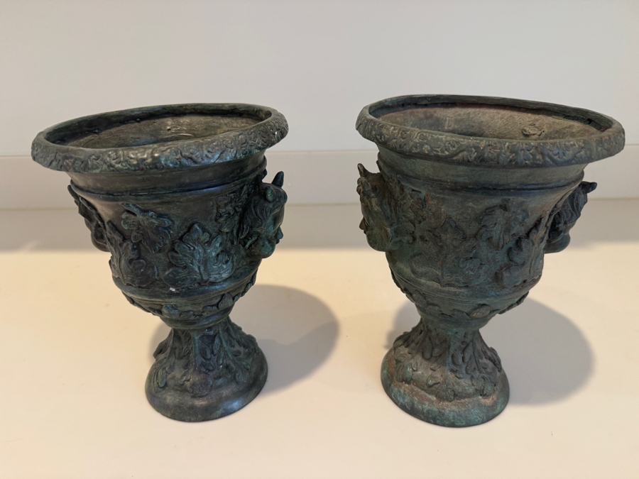 Pair Of Greco-Roman Style Bronze Ritual Urns With Horned Cherub Faces And Verdigris Patina 7'W X 9'H [Photo 4]