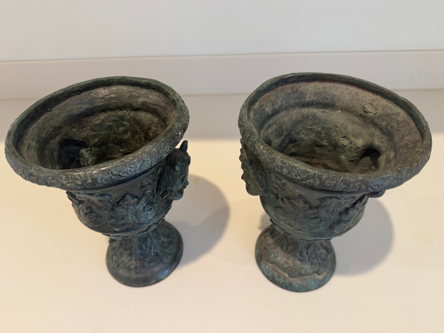 Pair Of Greco-Roman Style Bronze Ritual Urns With Horned Cherub Faces And Verdigris Patina 7'W X 9'H [Photo 5]