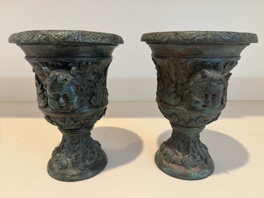 Pair Of Greco-Roman Style Bronze Ritual Urns With Horned Cherub Faces And Verdigris Patina 7'W X 9'H [Photo 6]