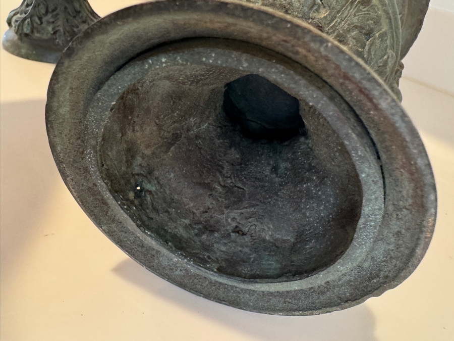 Pair Of Greco-Roman Style Bronze Ritual Urns With Horned Cherub Faces And Verdigris Patina 7'W X 9'H [Photo 7]