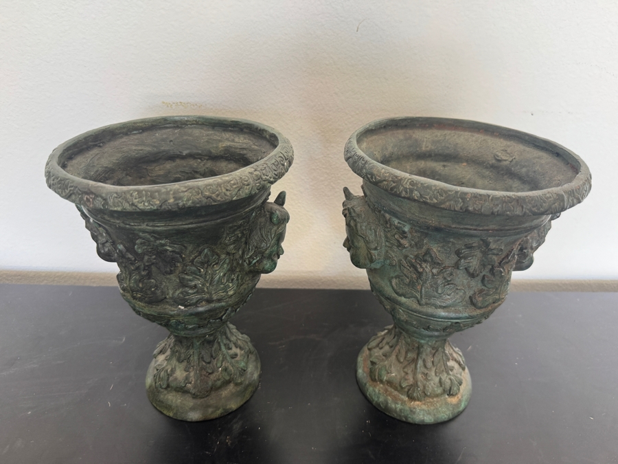 Pair Of Greco-Roman Style Bronze Ritual Urns With Horned Cherub Faces And Verdigris Patina 7'W X 9'H [Photo 3]