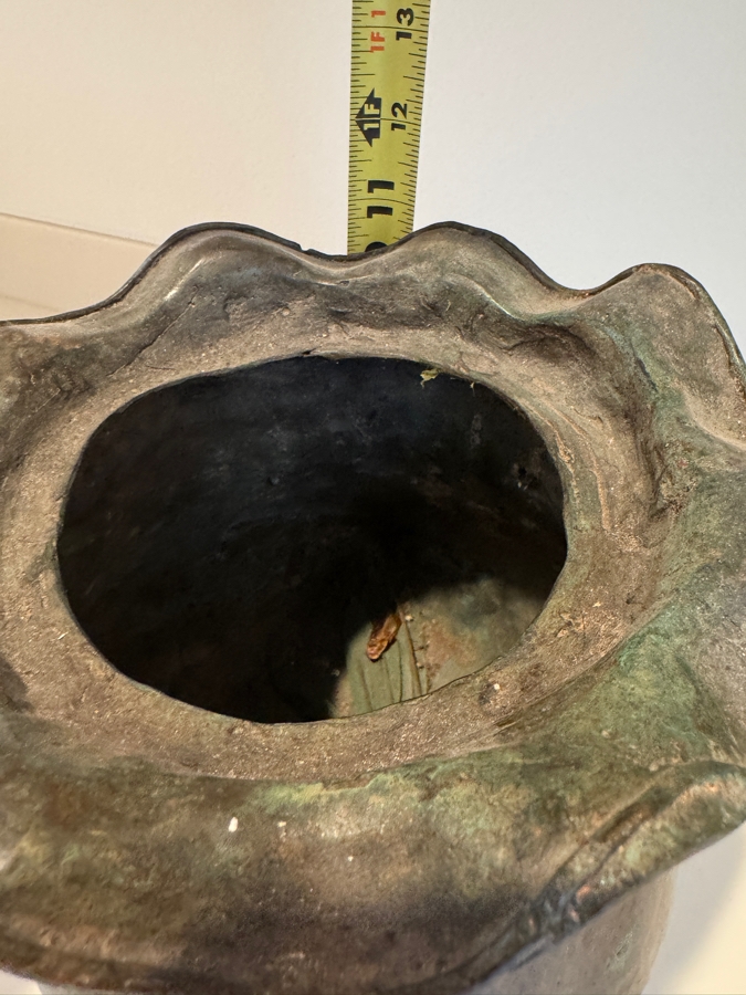 Archaic Style Chinese Bronze Treasure Bag Censer With Figural Karako Leg Decoration And Verdigris Patina 11'H [Photo 6]