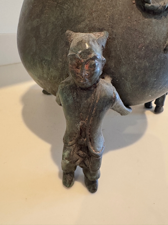 Archaic Style Chinese Bronze Treasure Bag Censer With Figural Karako Leg Decoration And Verdigris Patina 11'H [Photo 4]