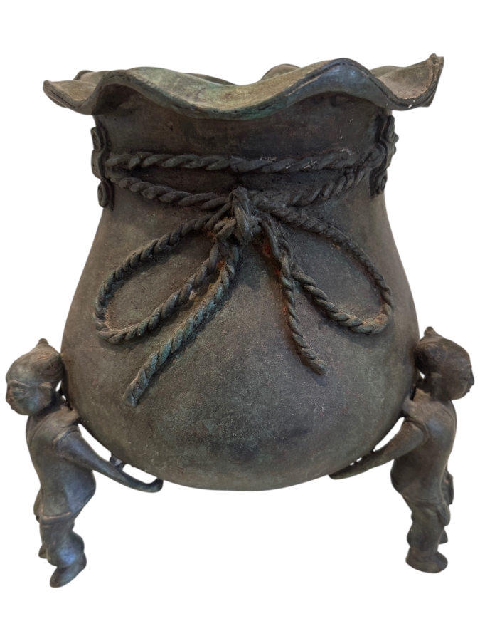Archaic Style Chinese Bronze Treasure Bag Censer With Figural Karako Leg Decoration And Verdigris Patina 11'H