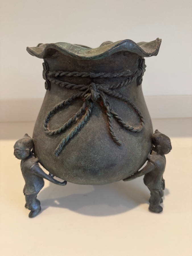 Archaic Style Chinese Bronze Treasure Bag Censer With Figural Karako Leg Decoration And Verdigris Patina 11'H [Photo 2]