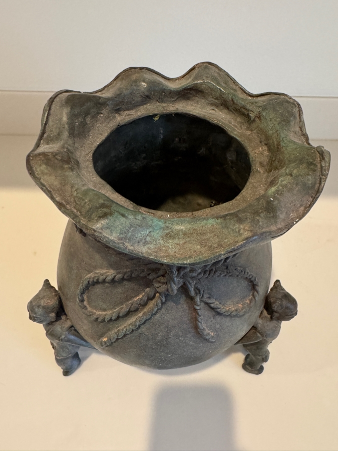 Archaic Style Chinese Bronze Treasure Bag Censer With Figural Karako Leg Decoration And Verdigris Patina 11'H [Photo 3]