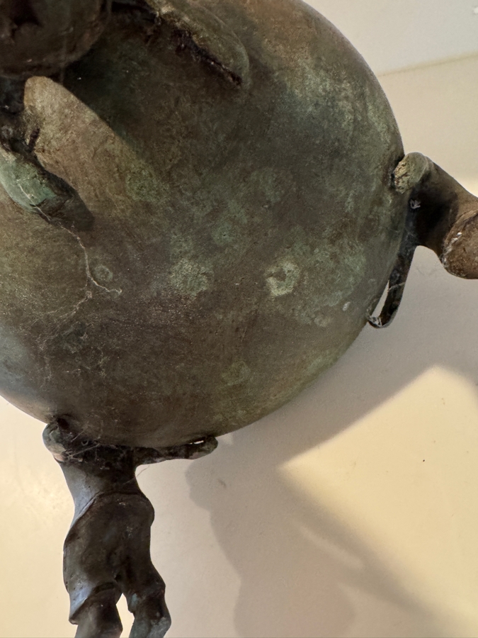 Archaic Style Chinese Bronze Treasure Bag Censer With Figural Karako Leg Decoration And Verdigris Patina 11'H [Photo 5]