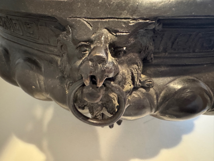 Substantial Neoclassical Greco-Roman Style Bronze Jardinière Bowl With Greek Key Pattern Relief Lion Mask Ring Handles And Paw Feet 19'W X 9'H [Photo 6]