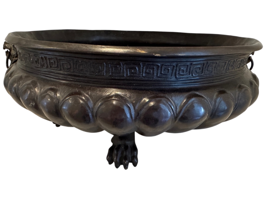 Substantial Neoclassical Greco-Roman Style Bronze Jardinière Bowl With Greek Key Pattern Relief Lion Mask Ring Handles And Paw Feet 19'W X 9'H