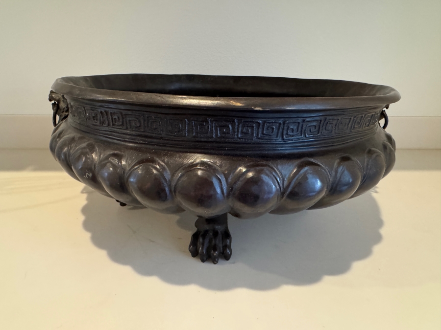 Substantial Neoclassical Greco-Roman Style Bronze Jardinière Bowl With Greek Key Pattern Relief Lion Mask Ring Handles And Paw Feet 19'W X 9'H [Photo 2]