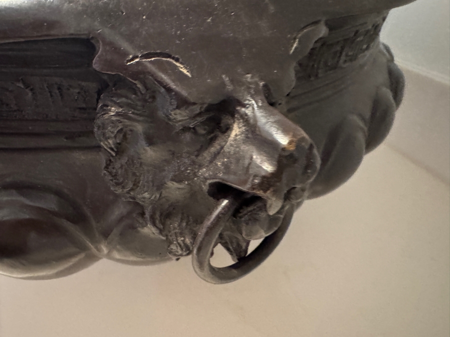 Substantial Neoclassical Greco-Roman Style Bronze Jardinière Bowl With Greek Key Pattern Relief Lion Mask Ring Handles And Paw Feet 19'W X 9'H [Photo 5]