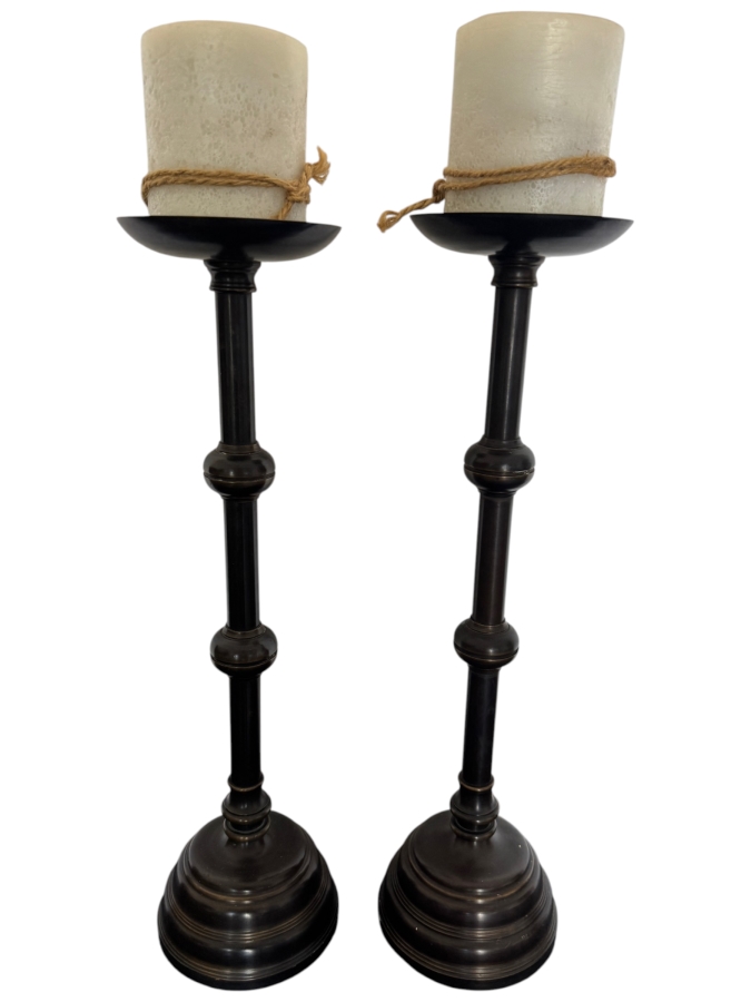 Pair Of Tall Metal Spindle Pillar Candle Holders With Tiered Bases And Spaced Ring Accents 23'H