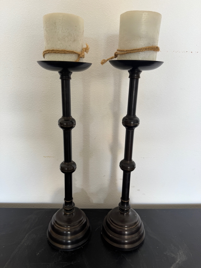 Pair Of Tall Metal Spindle Pillar Candle Holders With Tiered Bases And Spaced Ring Accents 23'H [Photo 2]