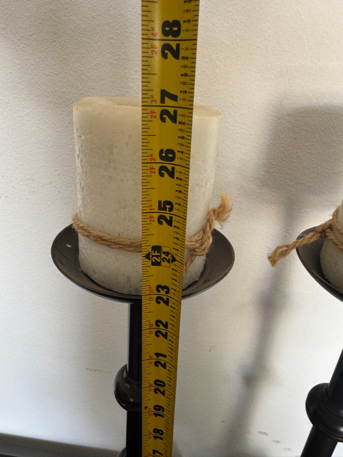 Pair Of Tall Metal Spindle Pillar Candle Holders With Tiered Bases And Spaced Ring Accents 23'H [Photo 4]