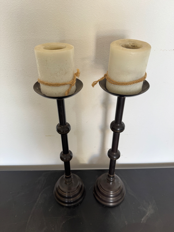 Pair Of Tall Metal Spindle Pillar Candle Holders With Tiered Bases And Spaced Ring Accents 23'H [Photo 3]