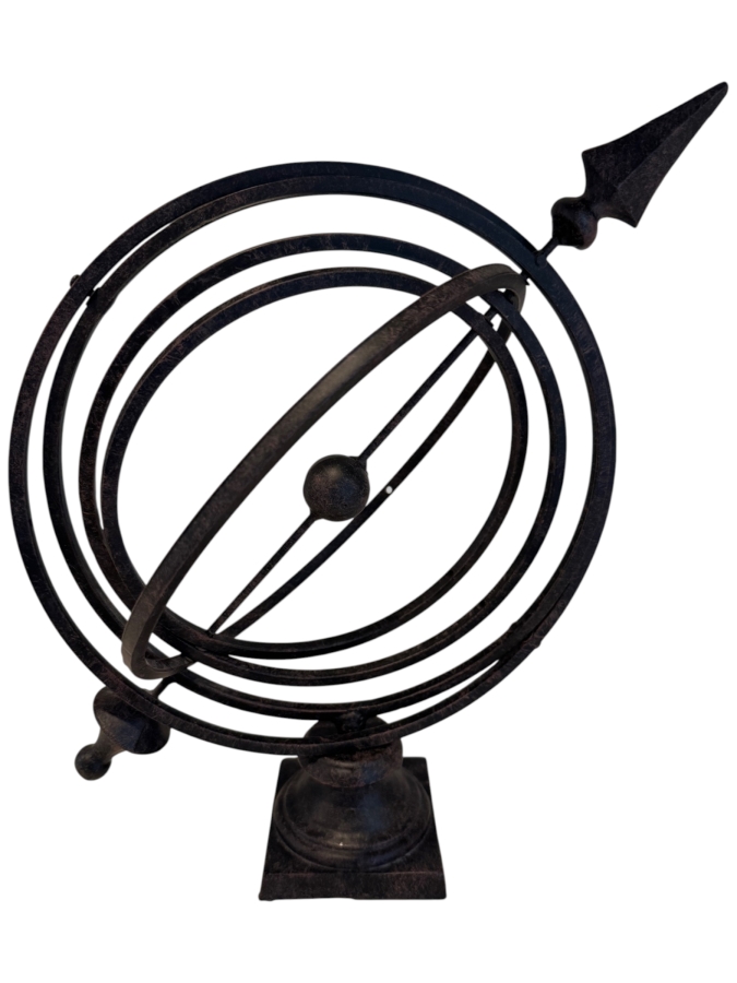 Wrought Iron Garden Armillary Sundial With Central Arrow Gnomon On Decorative Square Pedestal Base 16'H