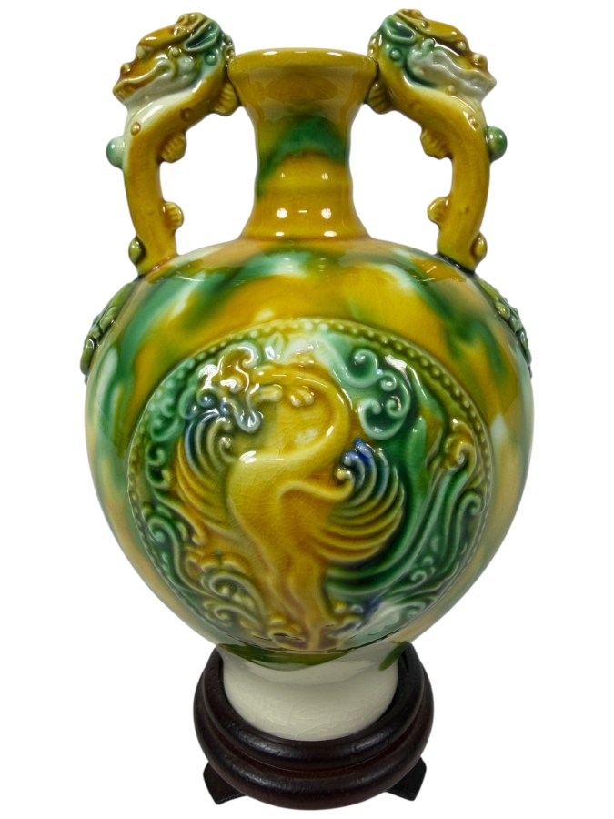 Just Added - Vintage Chinese Porcelain Vase Featuring Traditional Tang Sancai Glazing With Wooden Stand 6'H