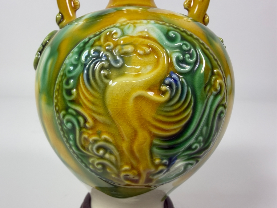 Just Added - Vintage Chinese Porcelain Vase Featuring Traditional Tang Sancai Glazing With Wooden Stand 6'H [Photo 3]