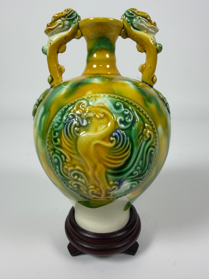 Just Added - Vintage Chinese Porcelain Vase Featuring Traditional Tang Sancai Glazing With Wooden Stand 6'H [Photo 2]